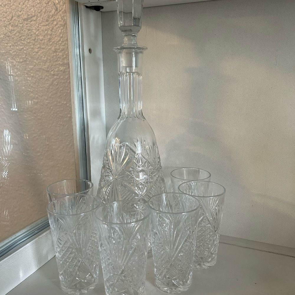 Vintage Crystal Glass Decanter Set w/ 6 Glasses | Cut Crystal Barware